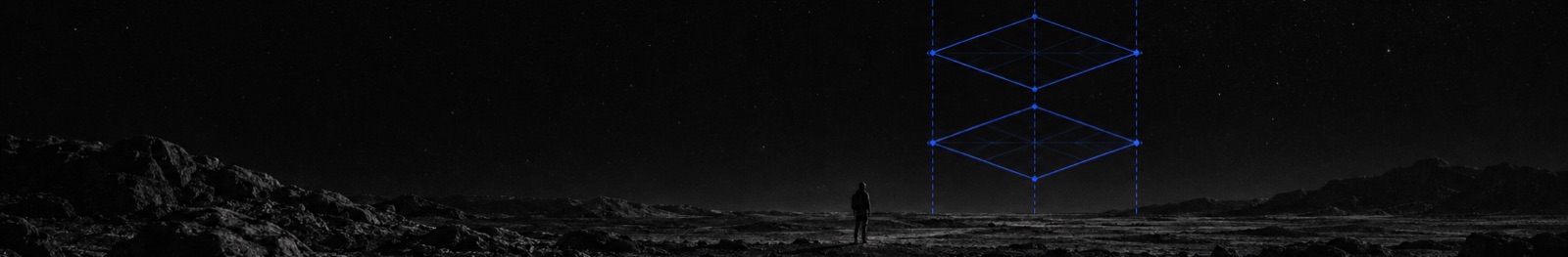 A lone person on a dark, rocky plain at night, looking up at floating square layers drawn in thin blue line.