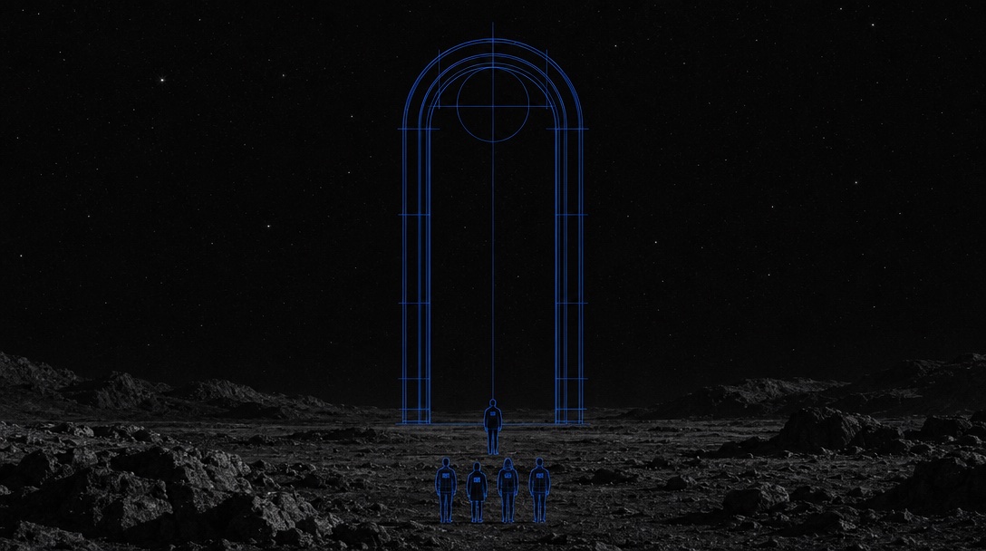 A tall arched gateway drawn in thin blue line on a dark, rocky planet. One person stands in front of it. Behind them, four smaller wireframe figures, each wearing a name badge.
