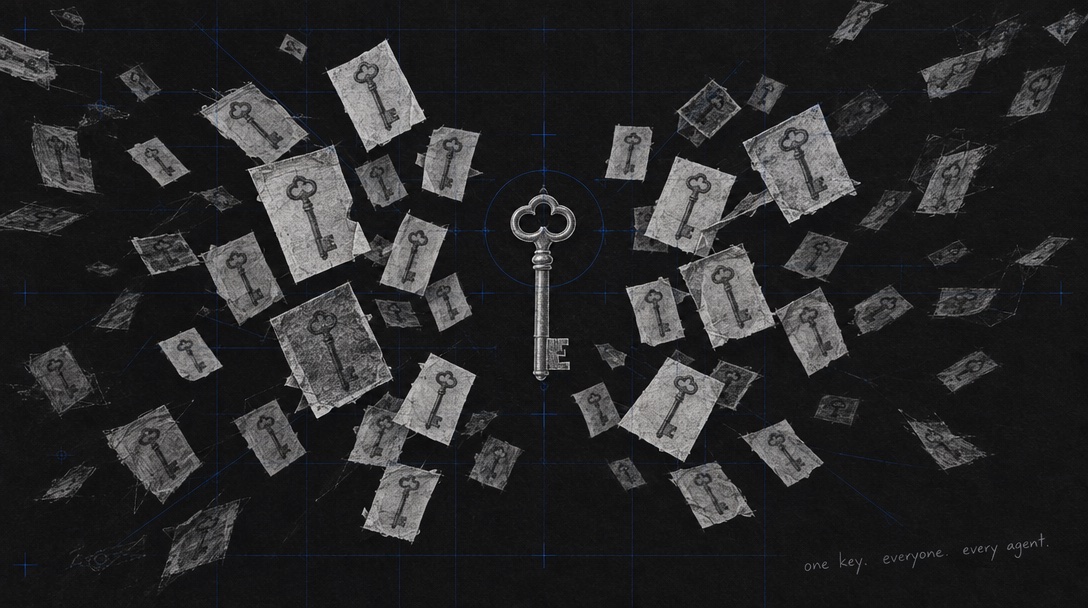 A pencil drawing on black paper. One key sits at the center, and dozens of photocopied duplicates scatter outward on loose sheets. A handwritten note reads: one key. everyone. every agent.