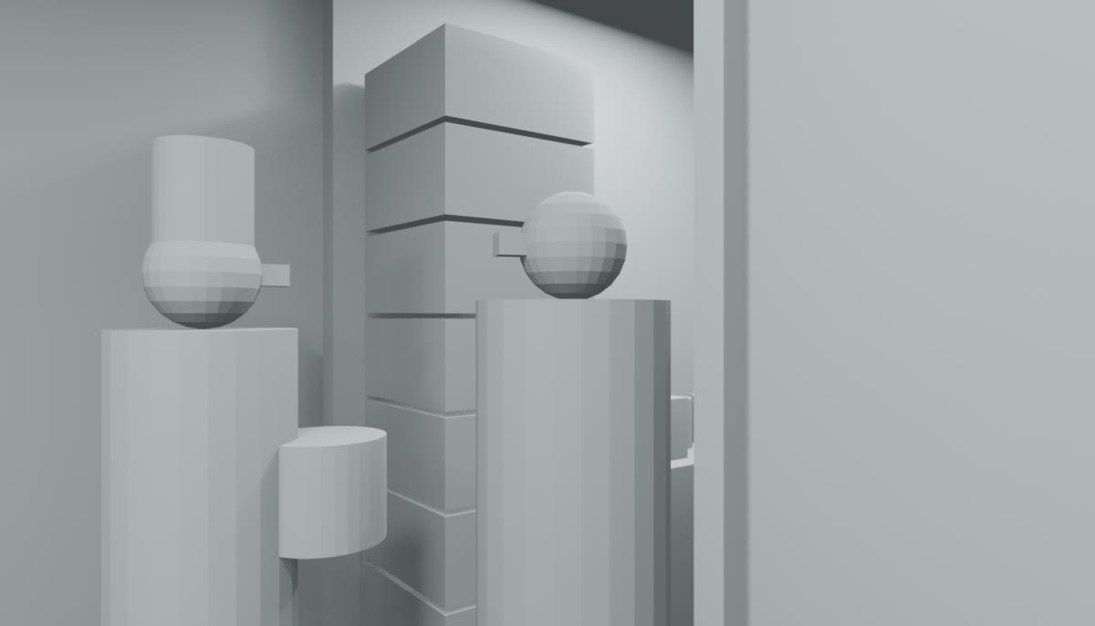 Grey Blender blockout of the look-back: crude figures, a cook, and stacked crates.