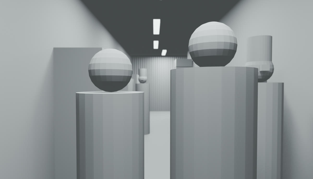 Blender start frame: two grey stand-ins entering a kitchen under overhead fixtures.