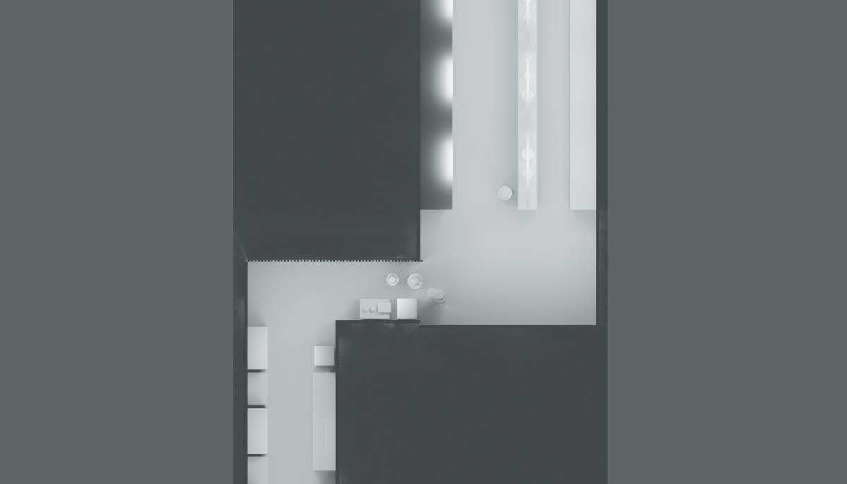 Top-down Blender plan showing the connected entry corridor, right turn, crate passage and main kitchen.