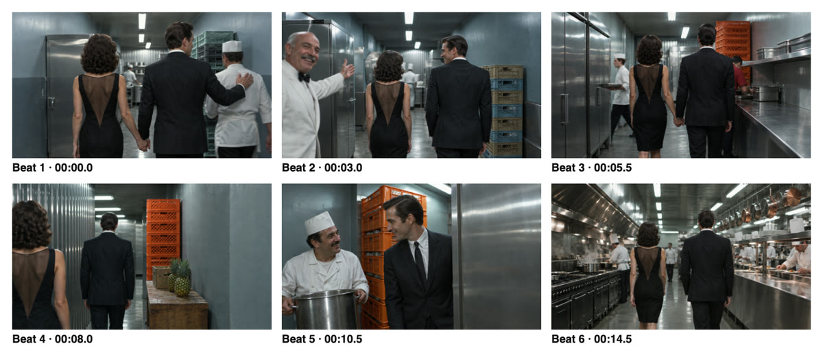 Six painted kitchen frames on a storyboard sheet, labelled with the planned beat times.