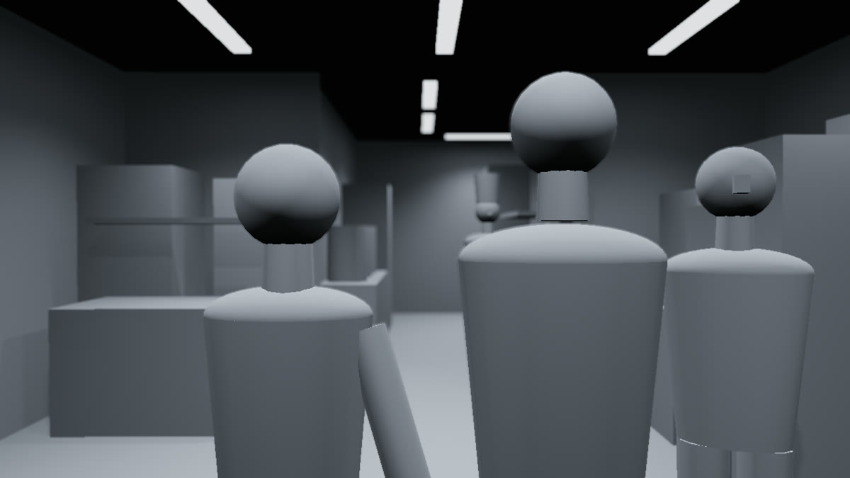 Three.js start frame: articulated stand-ins in a kitchen built from primitives.